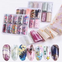 Misscheering Set of 10pcs Starry Sky Nail Foil (10 colors) transfer Paper Decals Nail Art Transfer Sticker 4*100/50cm Nail Too